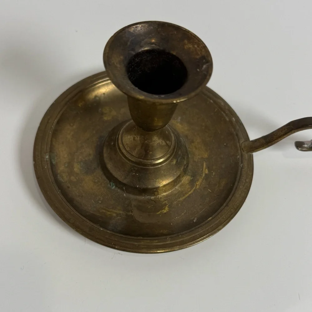 Vintage Brass Chamberstick Candle Holder Thumb Rest Finger Hole Drip Pan Patina